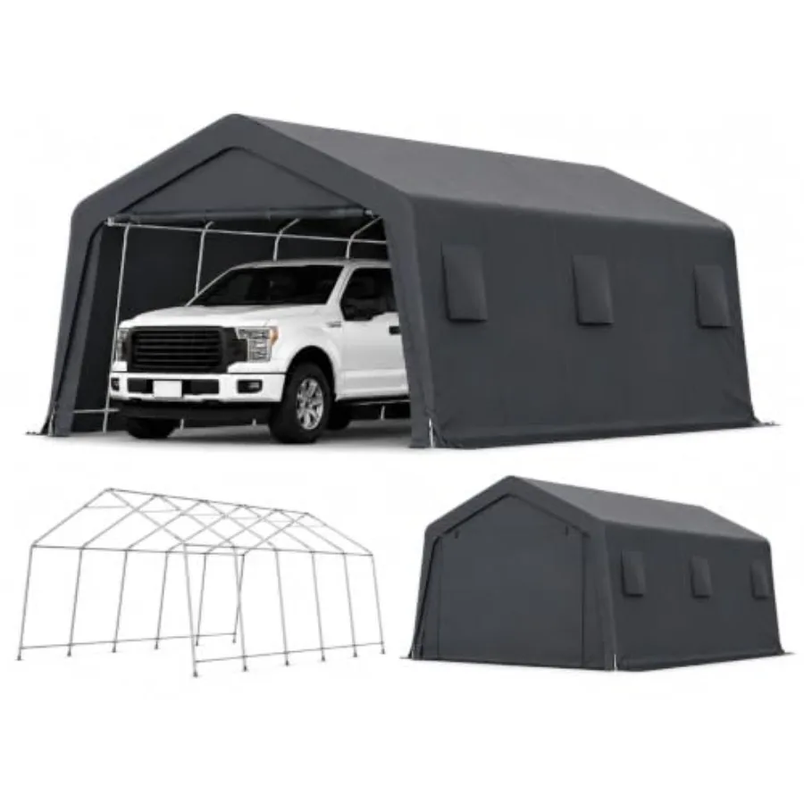 13x20 Ft Heavy Duty Carport with Galvanized Frame and Doors, Black