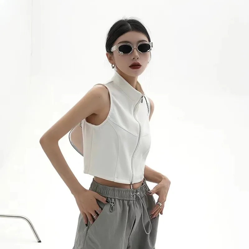 American Temperament Stand Collar Vest Top Women Sleeveless Zipper Solid Slim Summer Fashion Cool French Design Sense Lady Wear