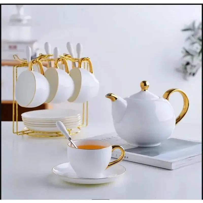 Elegant Bone China Tea Set Porcelain Scented Cup Ceramic Pot Floral Teapot Cafe Mug Coffee White Gold Teacup Teaset