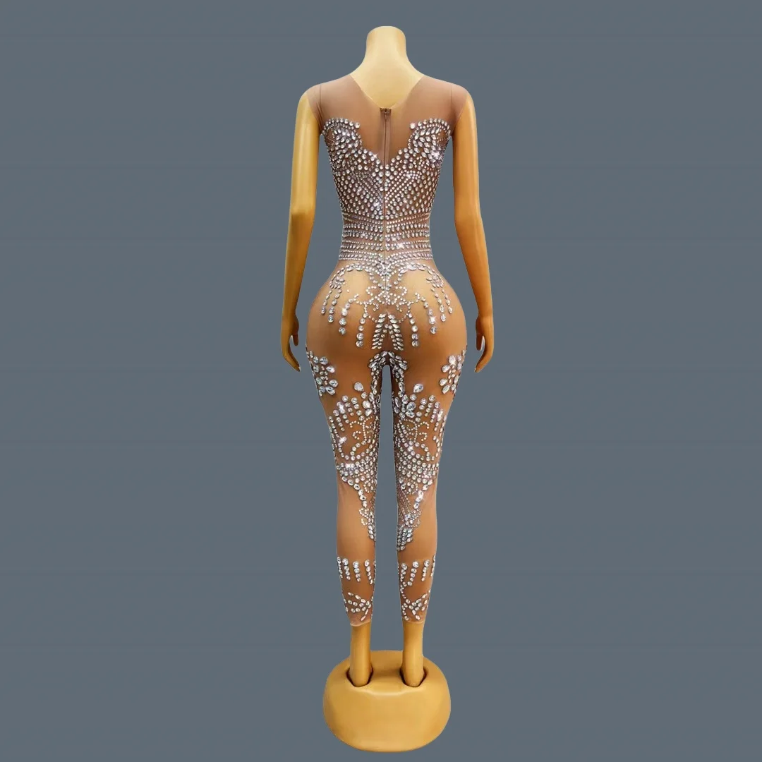 High-quality Mesh Sleeveless Sparkly Crystals Jumpsuit Birthday Party Outfit Sexy Women Dance Tight Fitting Jumpsuit Shuijingku