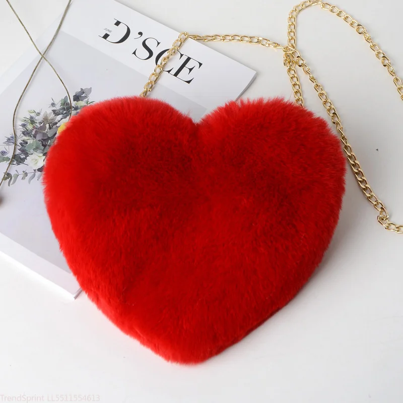 Fashion Women Heart Shaped Faux Fur Crossbody Bag Cute Soft Plush Chain Shoulder Bag Lady Mini Handbag Purse Shopper Tote Daily Party Accessories view 6