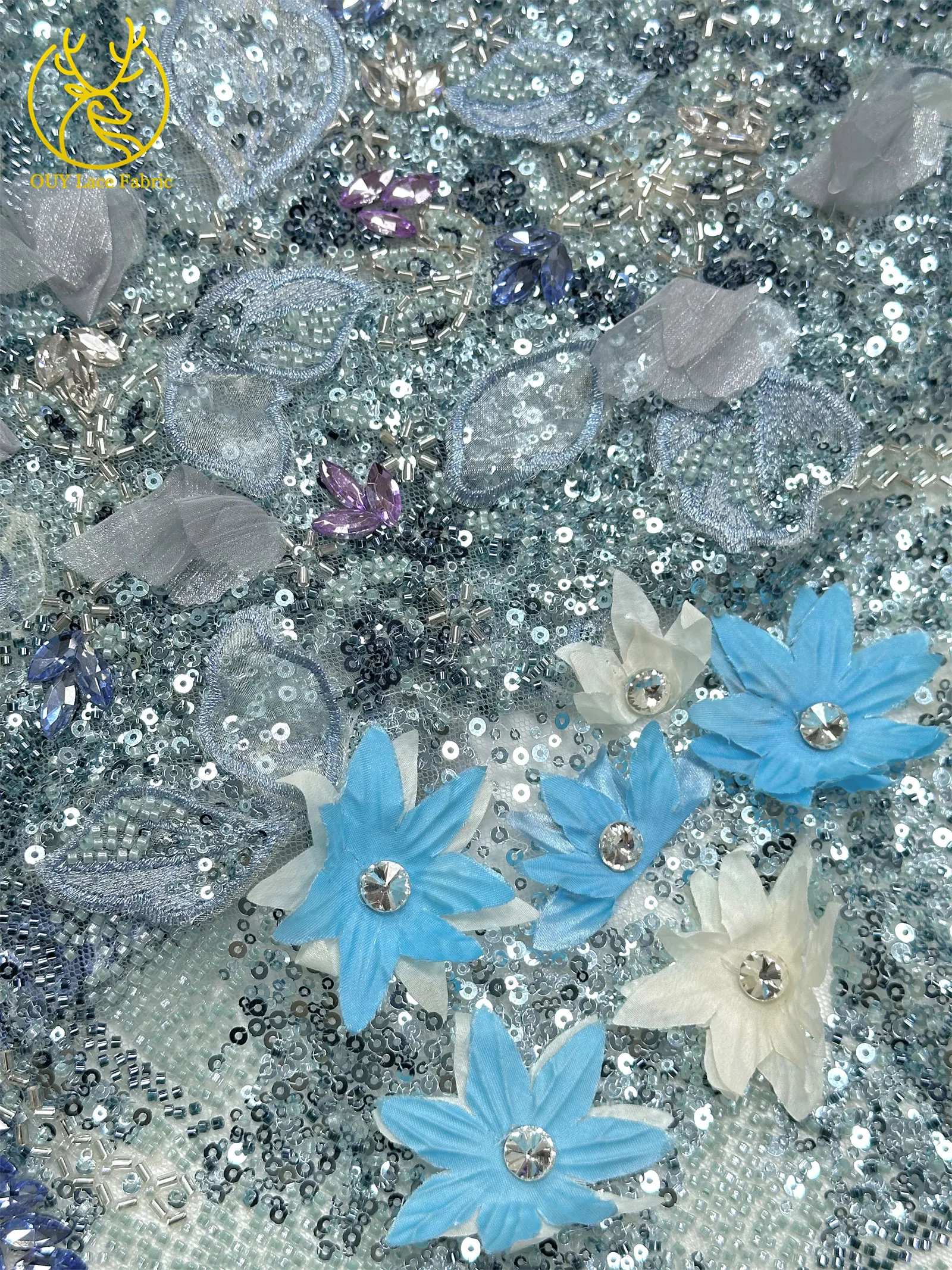 Hochwertiger luxuriöser französischer Edelstein-Perlenstickerei-3D-Blumen-Afrikanischer-Pailletten-Spitzenstoff für DIY handgefertigtes Hochzeitskleid. – Detail 17