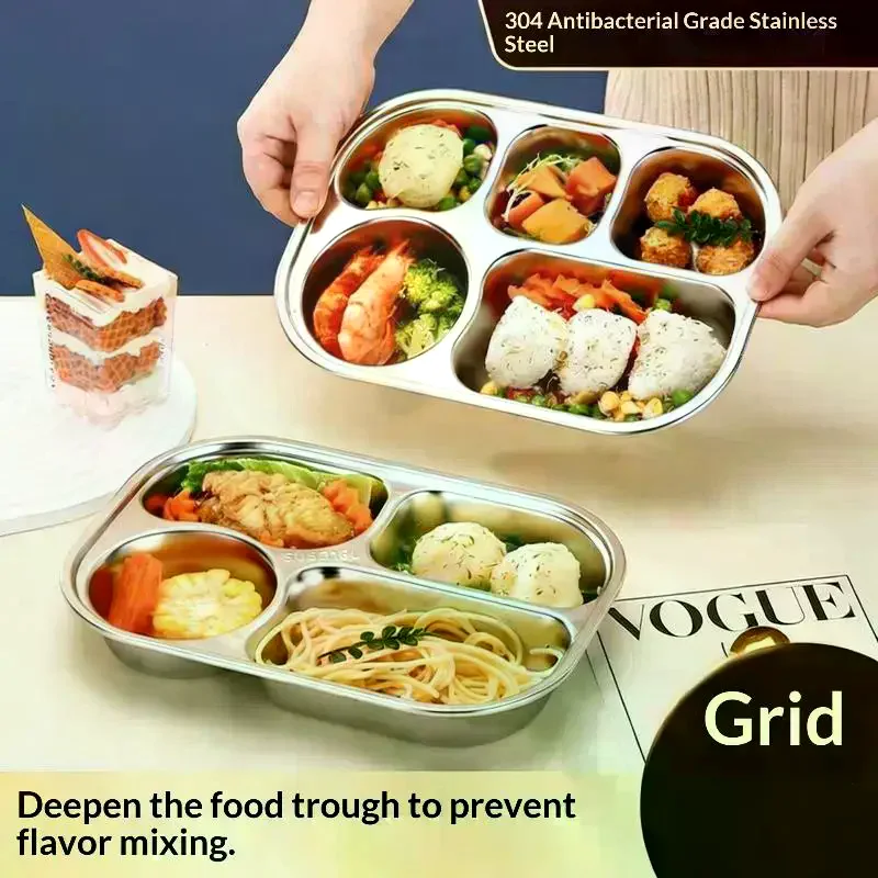 2/3/4 Grids Food Plate Dishes Reusable 304 Stainless Steel Square Divided Dinner Plates Fruit Salad Tableware Container No Rust