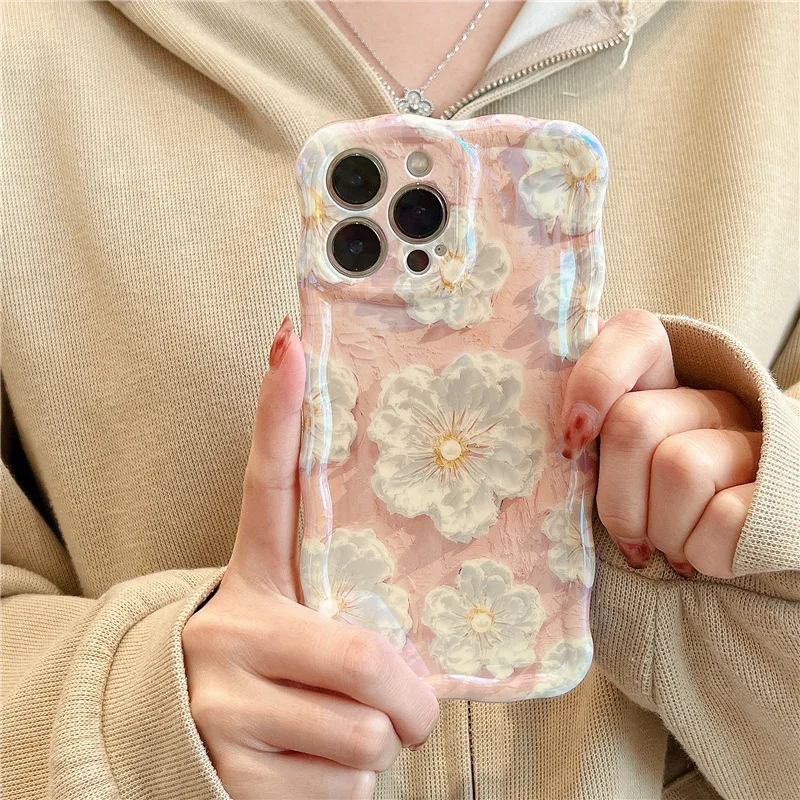 Ins Fresh Style Oil Painting Flower Blue Light Phone Case for IPhone 14 13 12 11 Pro Mini XS Max 8 7 Plus X Shockproof Cover