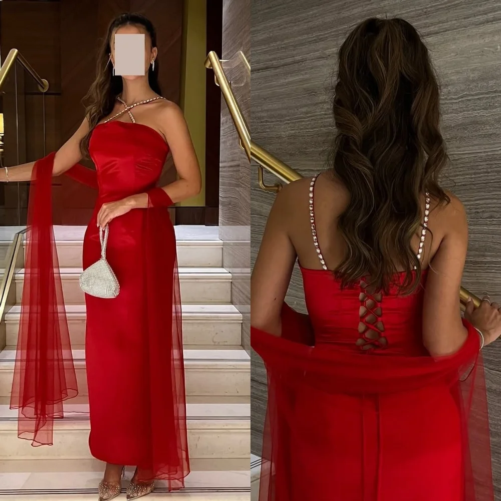 

Customized Matching Sexy Rhinestone Straight Halter Midi Dresses Bespoke Occasion Dresses Modern Style High Quality Exquisite