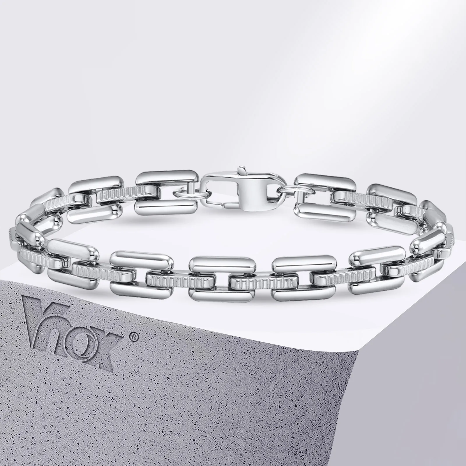 Vnox Never Fade Heavy Handmade Link Chain Bracelets for Men, Silver Color Stainless Steel Rectangle Chain Punk Rock Wristband