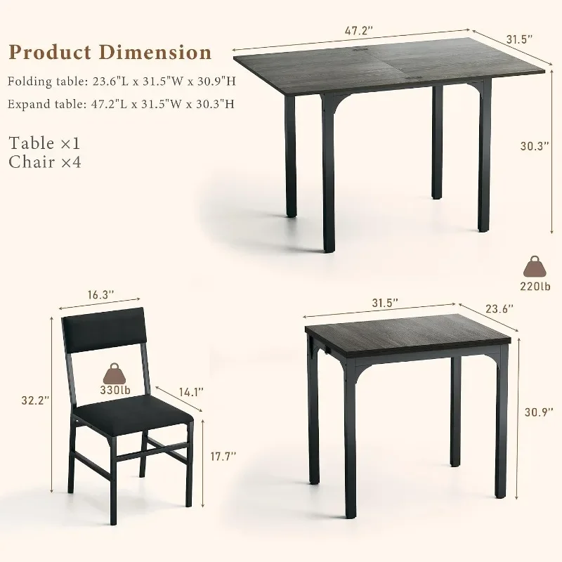 HUAHUU Dining Table Set for 4 Extendable Kitchen Table Cushion Chairs Set of 4 Rectangle Dining Table with Metal Frame