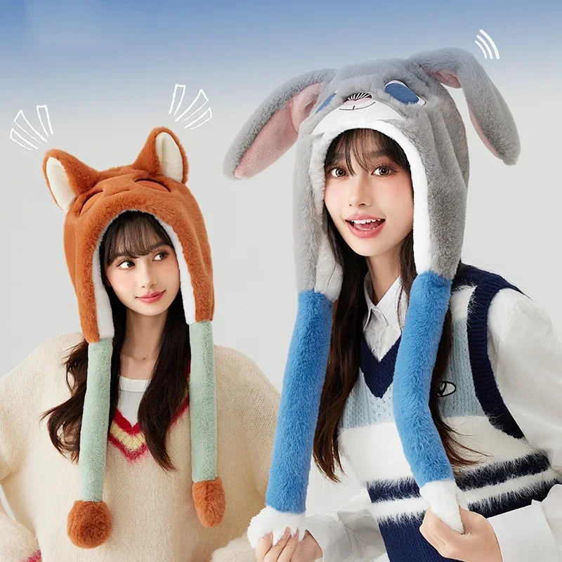 Autumn and Winter Ladies Cute Cartoon Rabbit Ear Bag Hat Cold Warm Ear Hat Outdoor Air Bag Movable Cotton Cap Street Cowl Cap