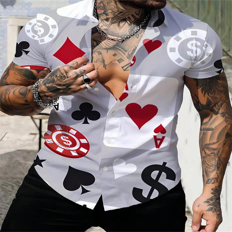 Men's Poker and Geometric Pattern Printed Short Sleeve Shirt Half Sleeve Loose Casual Punk Style Cardigan Shirt XS-5XL