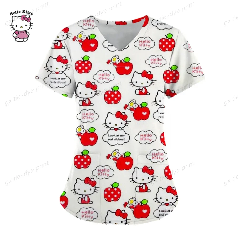 Uniforme da infermiera alla moda da donna, casual, manica corta, Hello Kitty, uniforme da lavoro, tasca, top, uniformi mediche infermieristiche