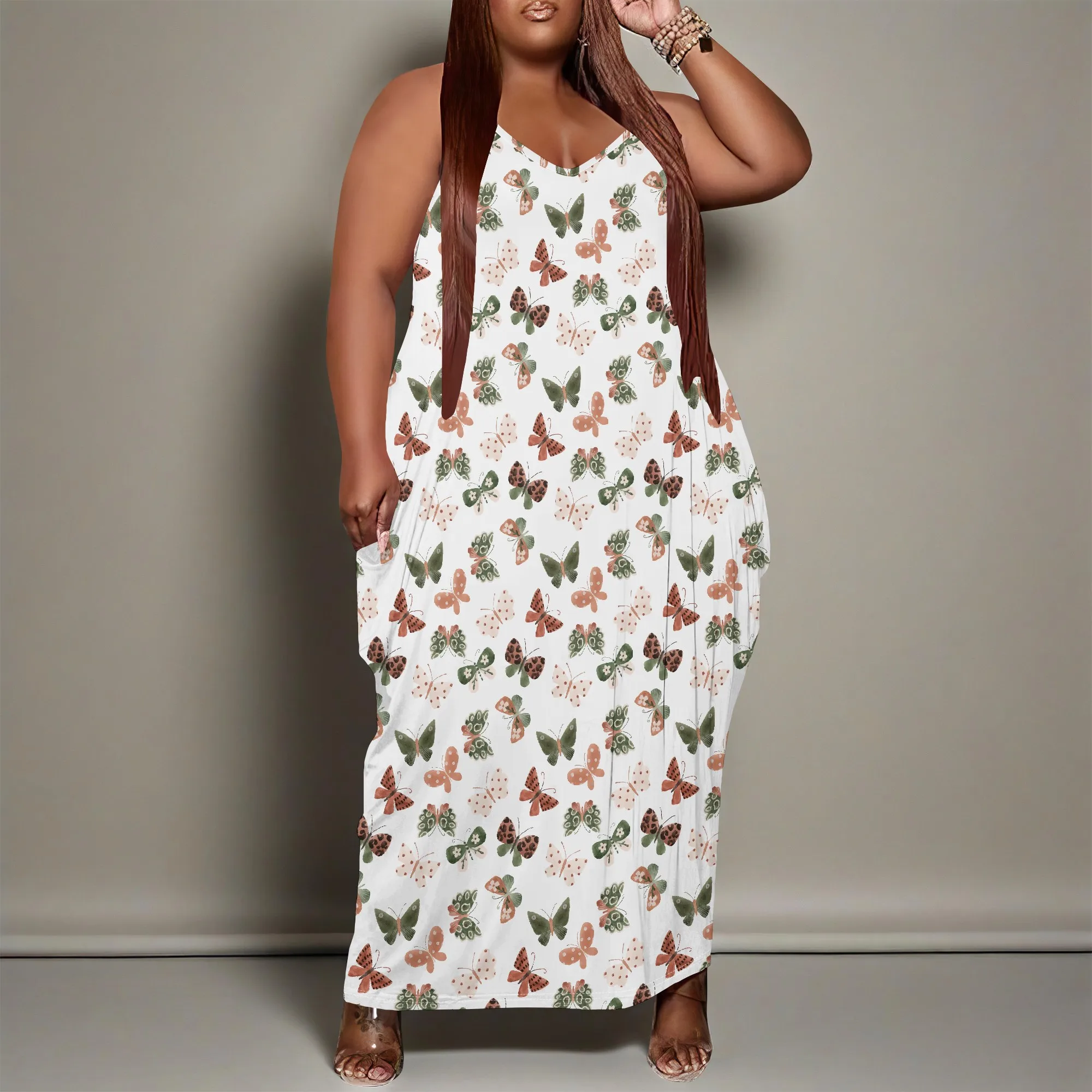 Women Plus Size Dress Loose Strap Long Dress with Pocket Breathable Vacation Butterfly Print XL-6XL​