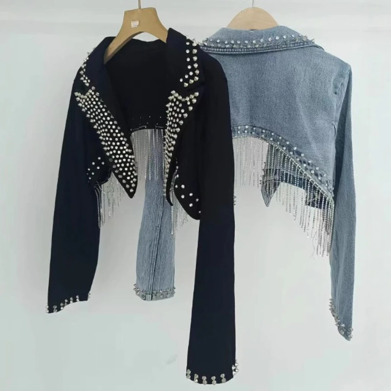 Denim Coats Women Short Coat Tassel Turn Down Collar Y2k Streetwear Gothic Jackets Work Jeasn Punk High Waist Splice Jacket