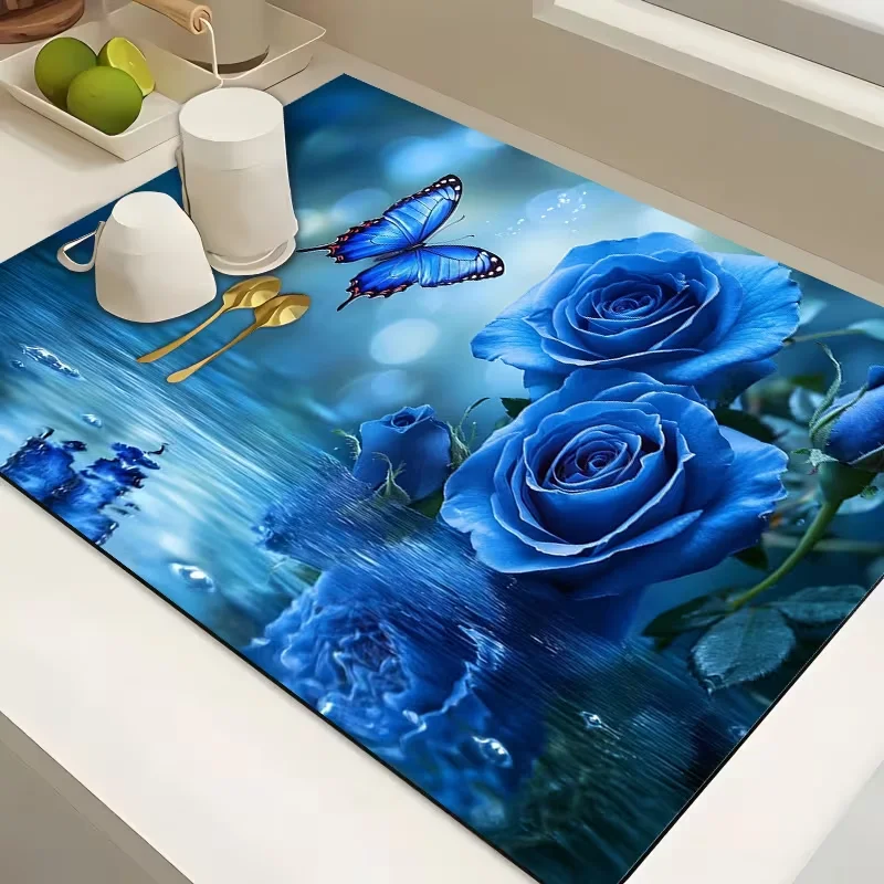 Dreamy Blue Rose Butterfly Print Countertop Mat Romantic Floral Coffee Station Pad For Coffee Maker Kitchen Desk Decor