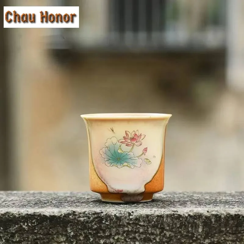 

120ml Antique Soda Glaze Ceramic Teacup Beautiful Lotus Tea Cup Fragrance Master Cup Household Tea Services Accessories Craft