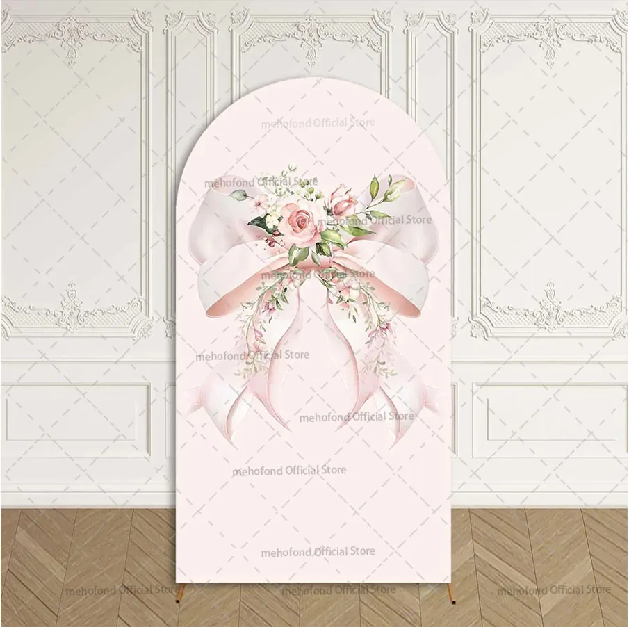 Mehofond Custom 2-Sided Pink Bow Flowers Pattern Girl Birthday Party Baby Shower Cover Chiara Arch Background Decor Backdrop