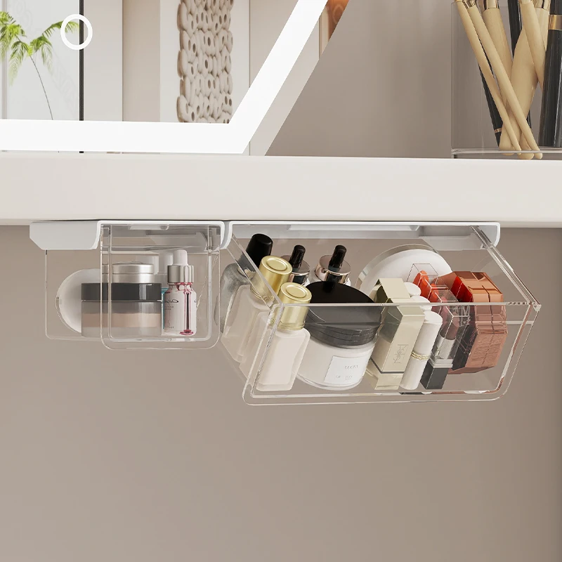 Multipurpose Transparent Under Desk Drawer Slanted Opening Hanging Storage Organizer For Vanity Cabinet Sundry Storage
