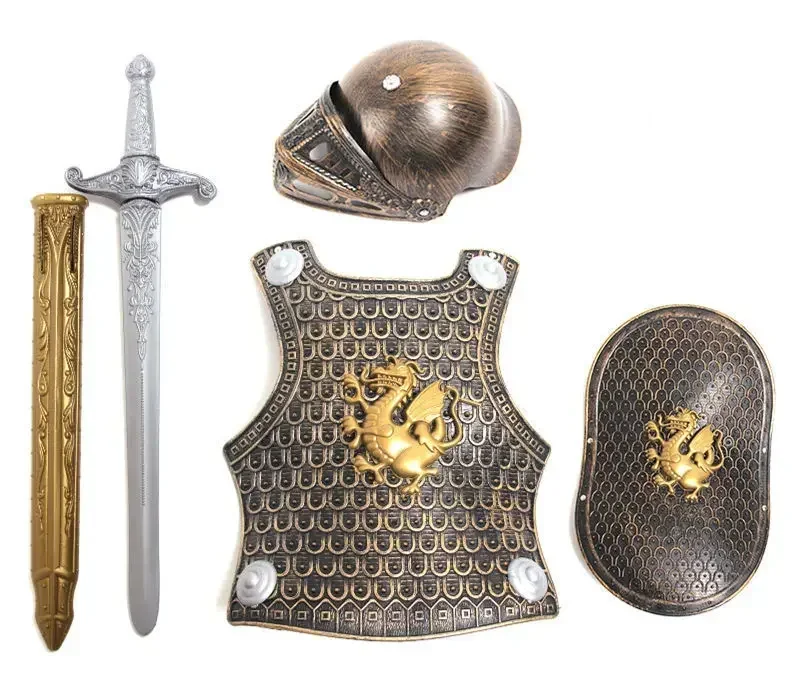 درع + درع + سيف + خوذة 4 قطعة/مجموعة بطل فارس/مصارع الهالوين المحارب للأطفال لعب الأدوار زي حفلة الصبي لعبة لعبة