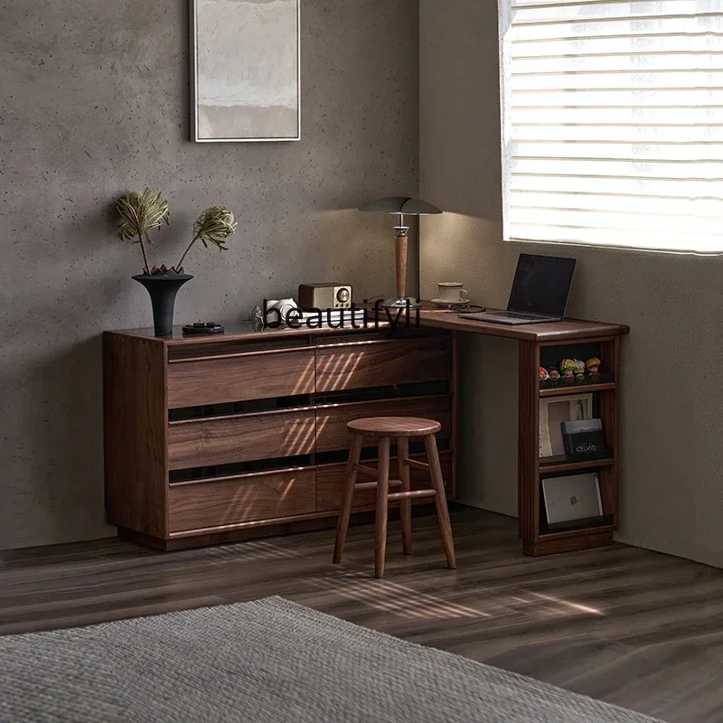 

yh Solid wood chest, dresser, integrated cabinet, makeup table, black walnut retractable storage cabinet corner