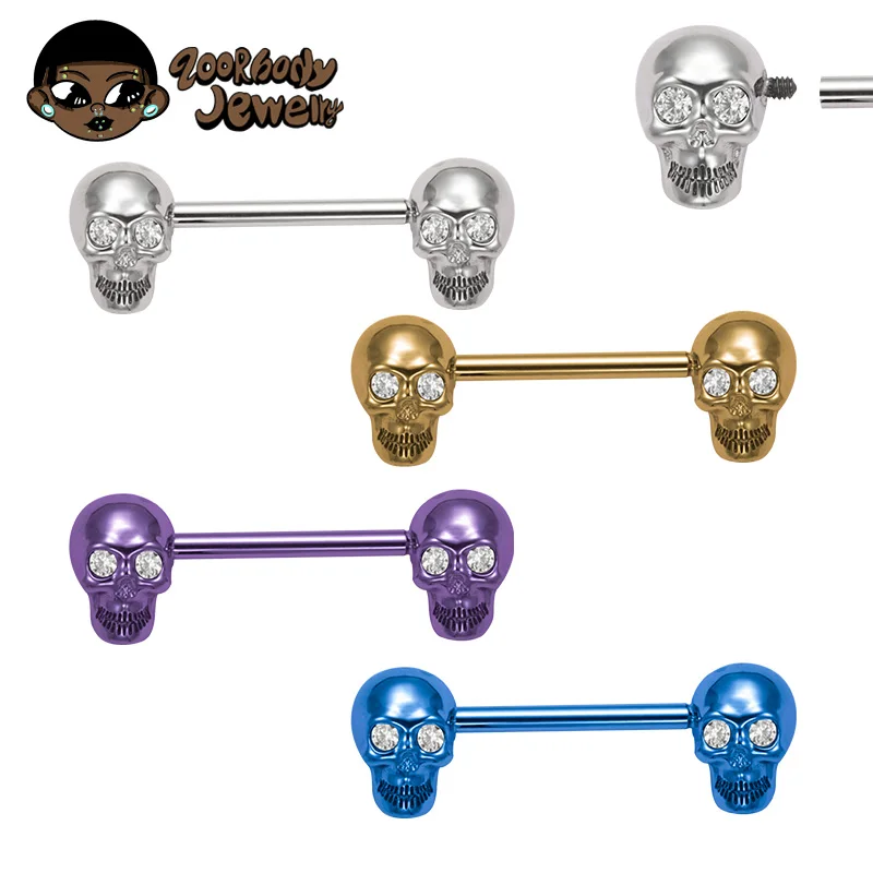 ASTM F136 TItanium with CZ Skull Barbell Nipple Industrial Barbell 14g Internal Thread Anodized Sexy Body Nipple Piercing New