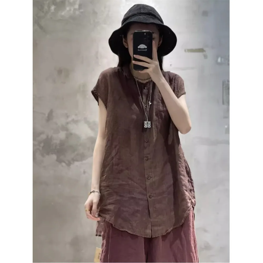 

Retro Artistic Cotton Linen Vest Women Summer Loose Casual Mid-Length Turn-down Collar Linen Svel T-irt Flax Top