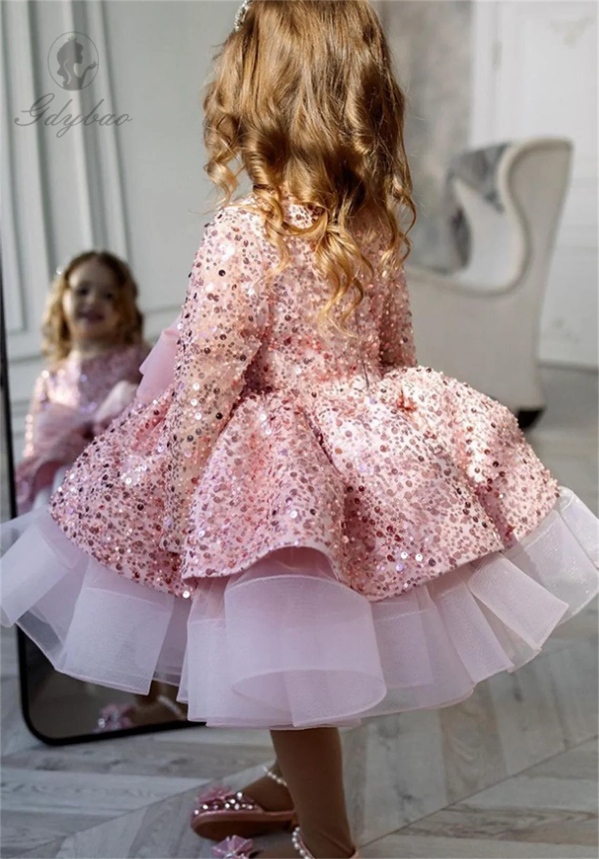 Vestido infantil de veludo princesa lantejoulas, vestido de manga comprida feminino, malha alta, desempenho do banquete, moda