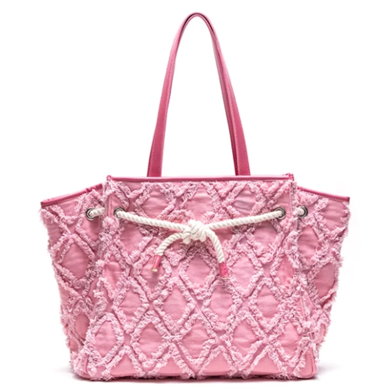 

Новая розовая парусиновая сумка с ромбовидной сеткой, большая вместительная холщовая сумка на шнурке, сумка через плечо