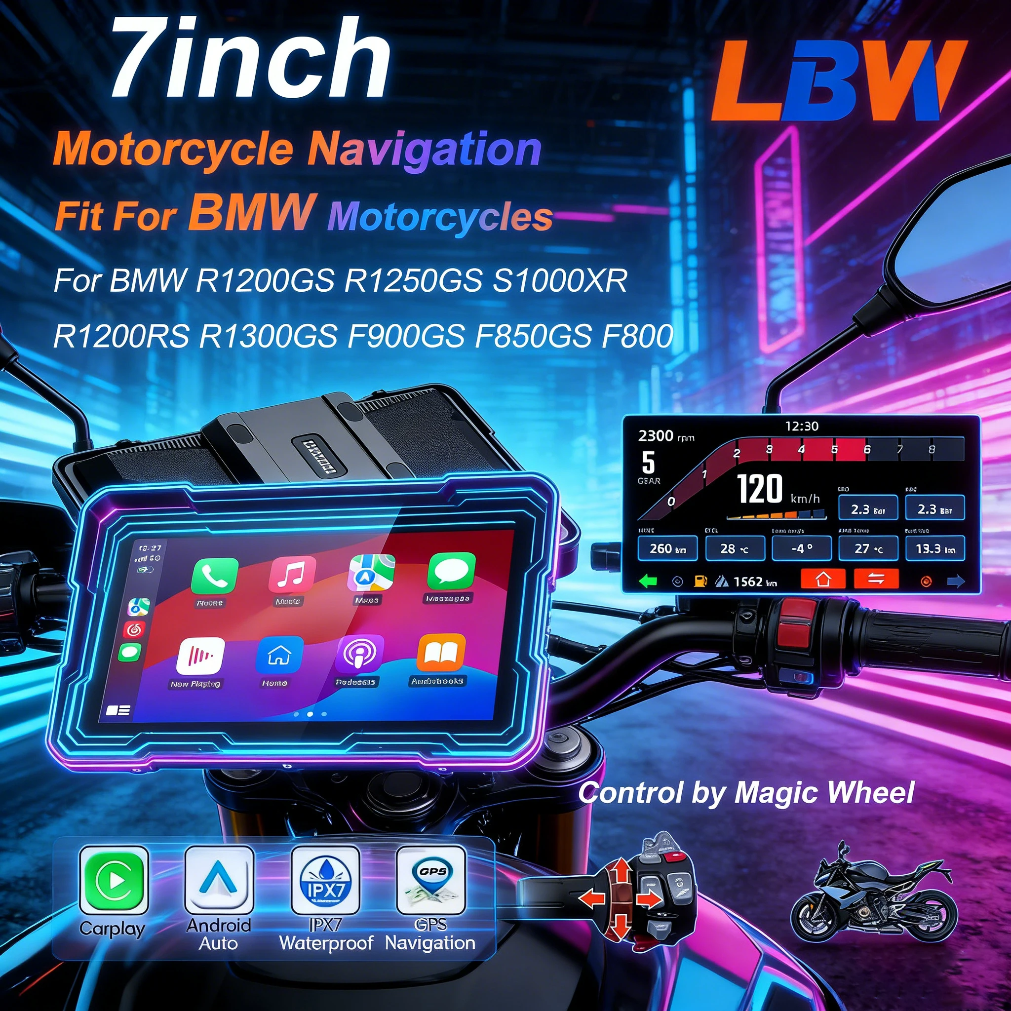 LBW 7 inch motorcycle Carplay Android Auto GPS navigation Fit For BMW R1200GS R1250GS F800 F900 Motorcycle Parts