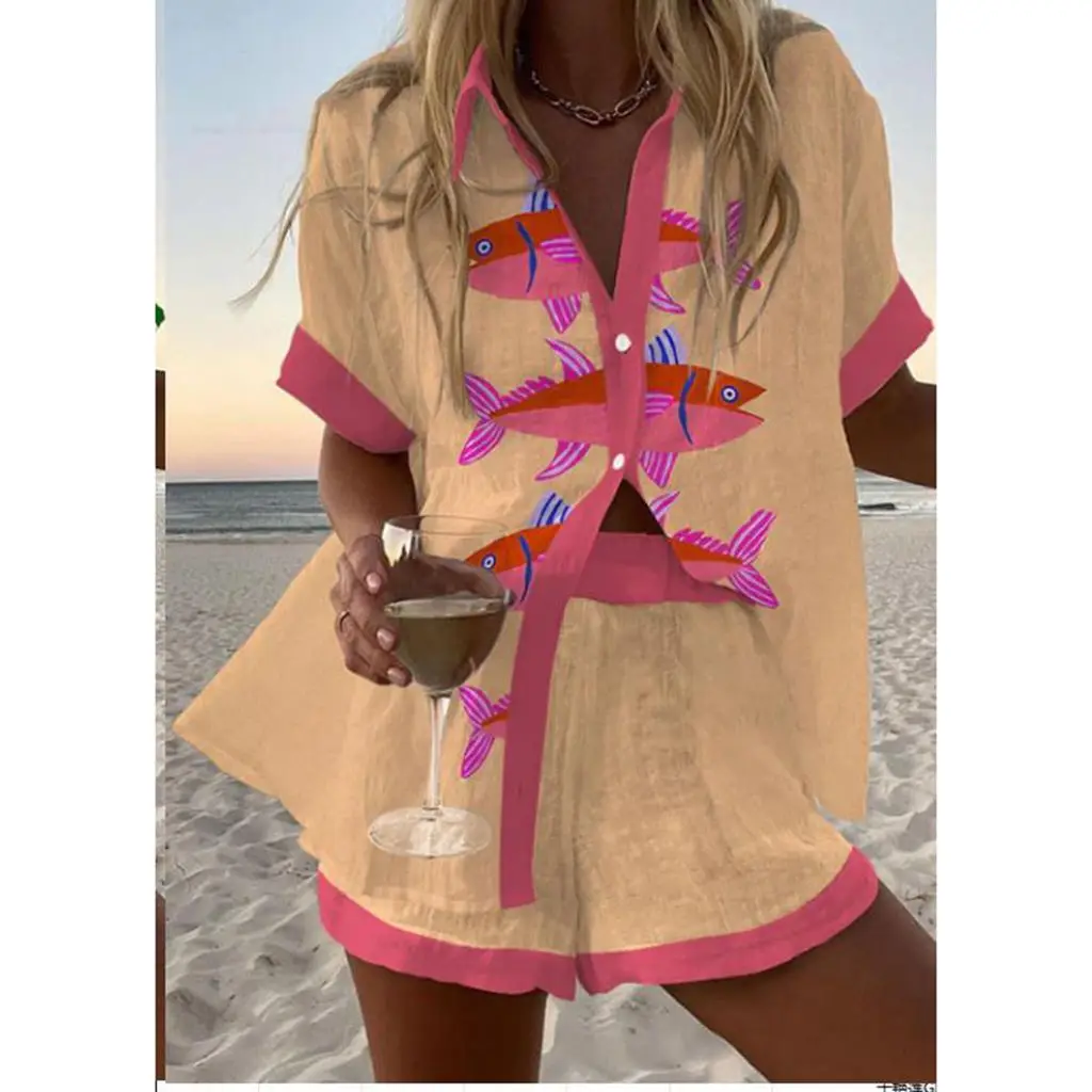 

Waist Shorts Combhasaki Women Y2K 2Pieces Loose Outfits Set Contrast Color Snake/Fish Print Button-up Lapel Neck Shirts+ Elastic