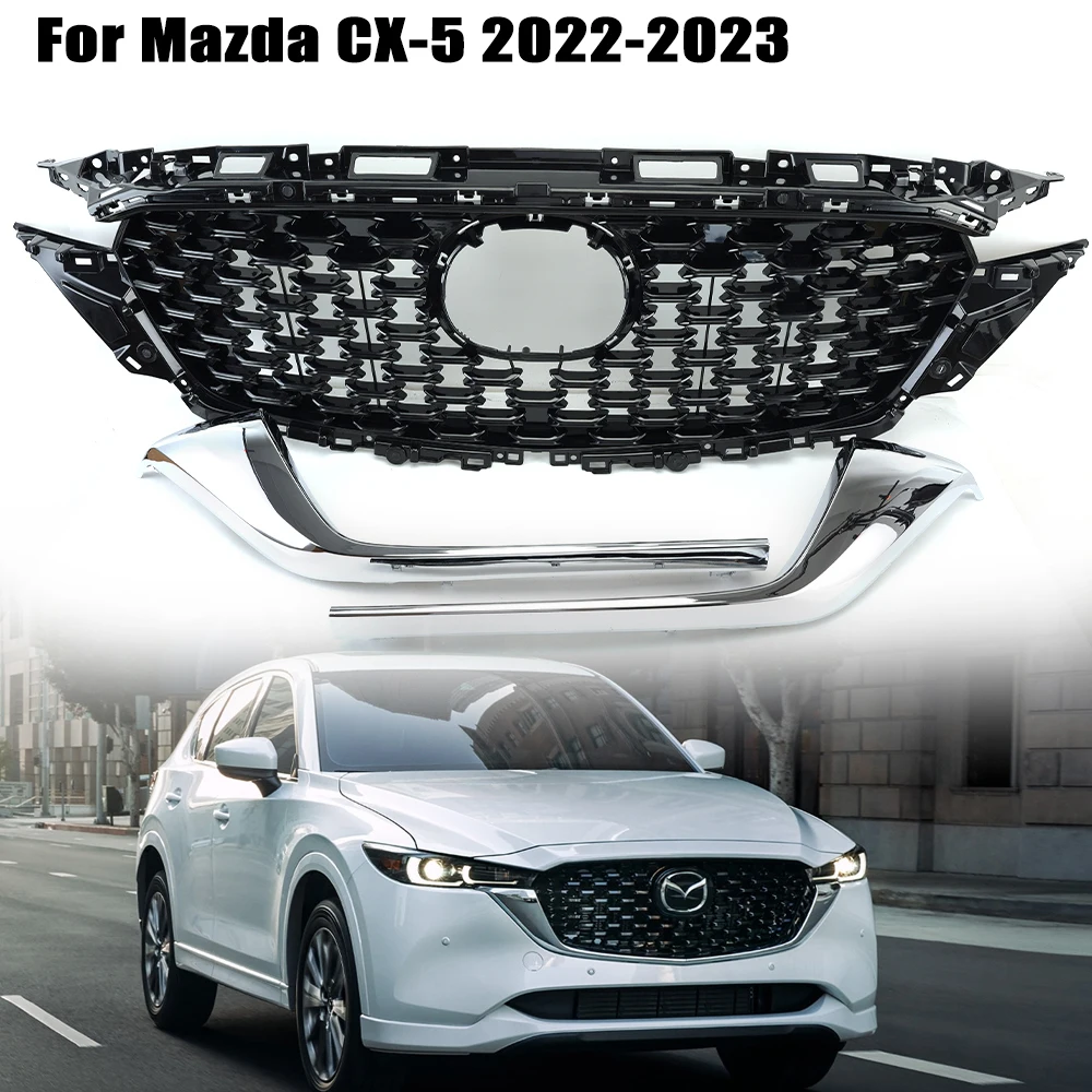 Front Bumper Upper Grille With Chrome Trim for Mazda CX5 CX-5 2022 2023 Car accessories ABS Replaced KSD450710A Racing Grills