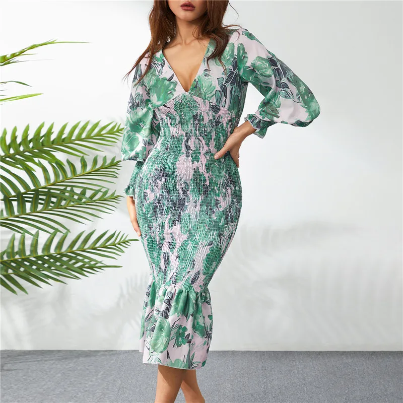 

Women Autumn Long Dress Floral/Leaves Printing V-neck Puff Long Sleeve Backless Tie Up Elastic Waist Flouncing Slim Bodycon