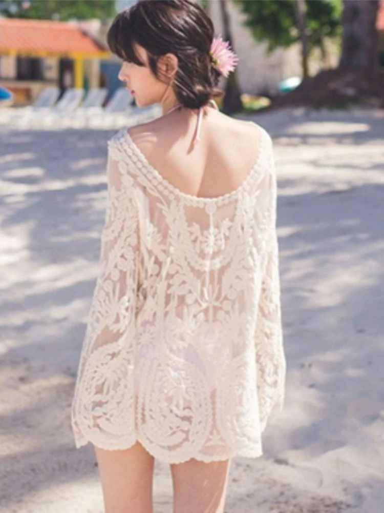 Holiday Beach Lace Oversize T shirt Women Long sleeve Hollow out Casual Mesh top Ladies Basic Blouses Tees