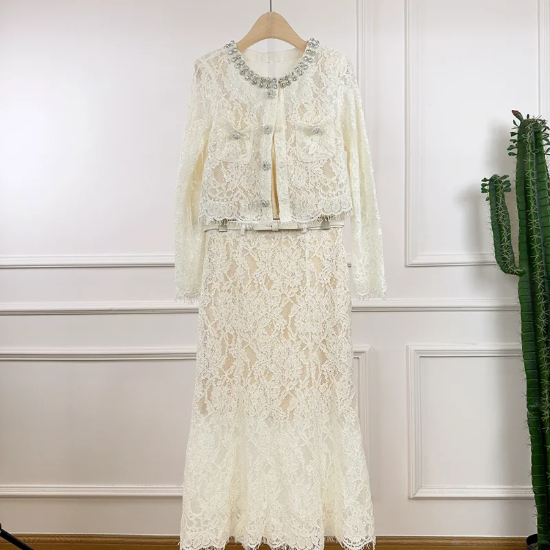 Women High Quality Lace Diamond Small Fragrance Short Coat + Fishtail Skirt Suit Wedding Party Luxury Elegant Two-piece Set