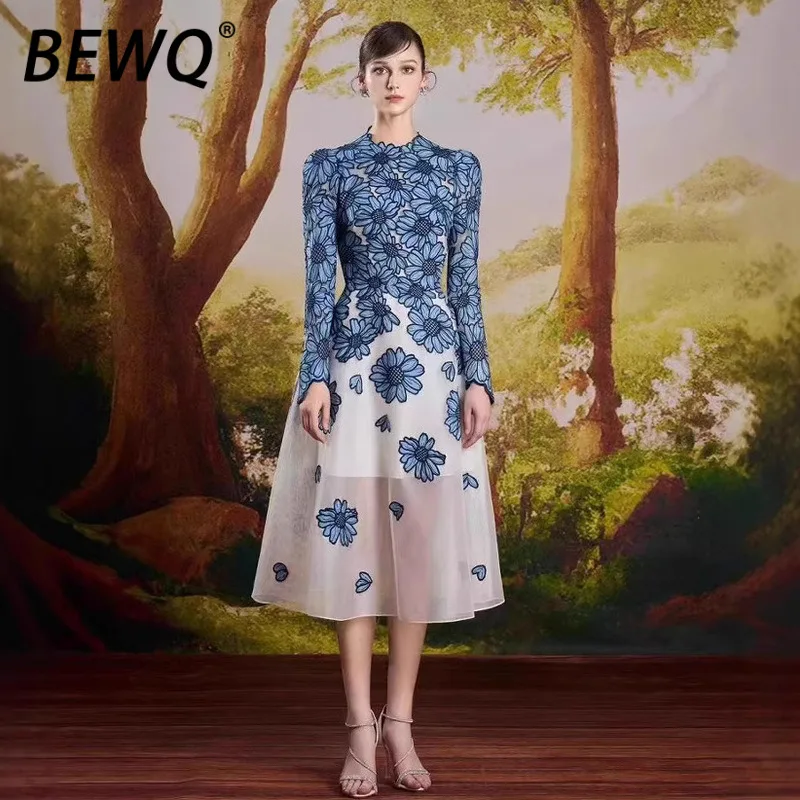 BEWQ Fashion Women's Elegant Dress O-neck Long Sleeve High Waist Embroidery Lace Patchwork Evening Party Dress 2025 Autumn New