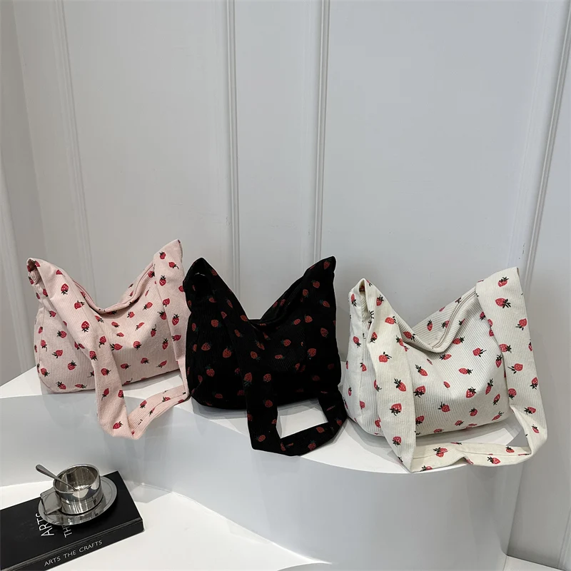 

Женская вельветовая сумка-тоут, милая сумка через плечо с клубничным принтом и молнией, сумка через плечо для покупок и свиданий