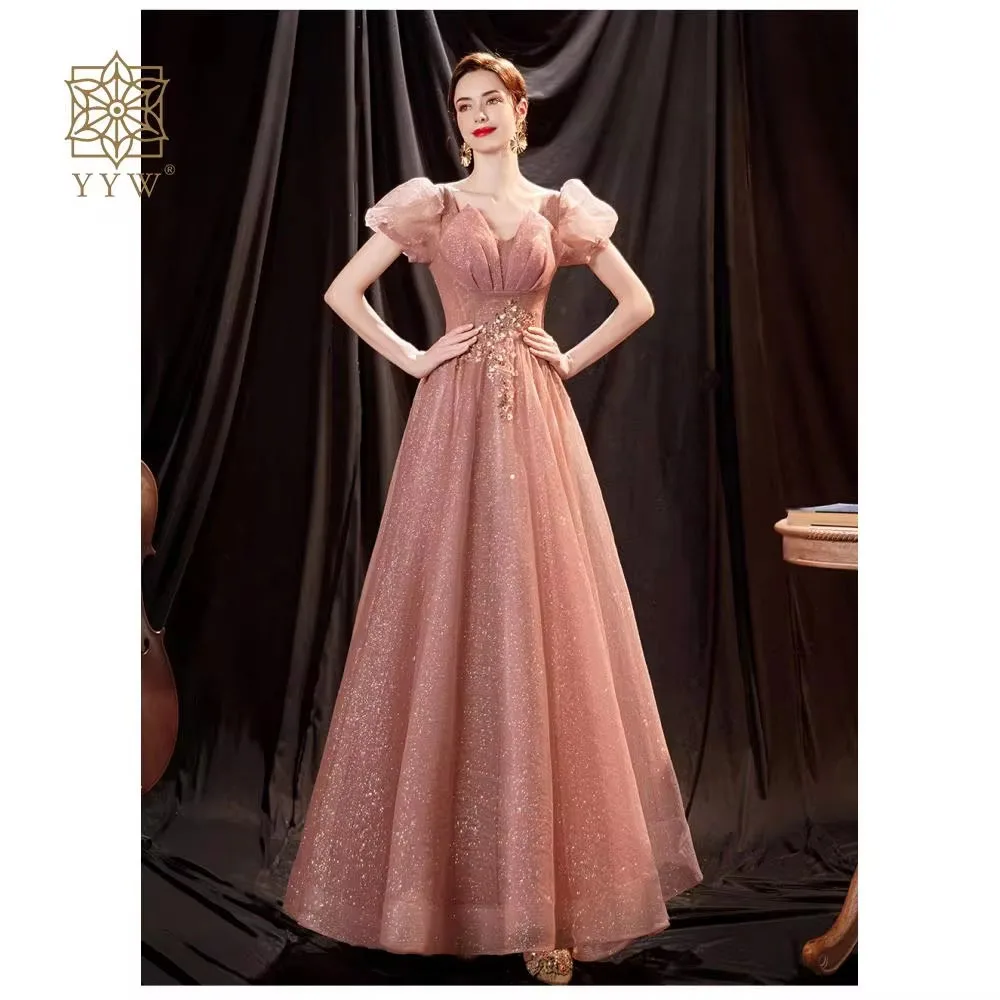 Chic Rose Pink Luxury Evening Dress For Women Wedding Party Long Arabic Formal Prom Gown Flower Embroidery Puff Sleeve Ball Gown