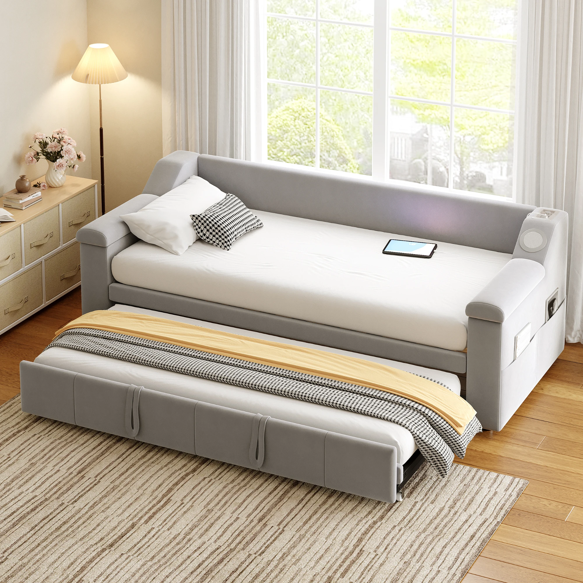 Lit banquette 90 × 190 et 180 × 190 cm, 1 à 2 places - USB, Stéréo Bluetooth et rangements - sans matelas