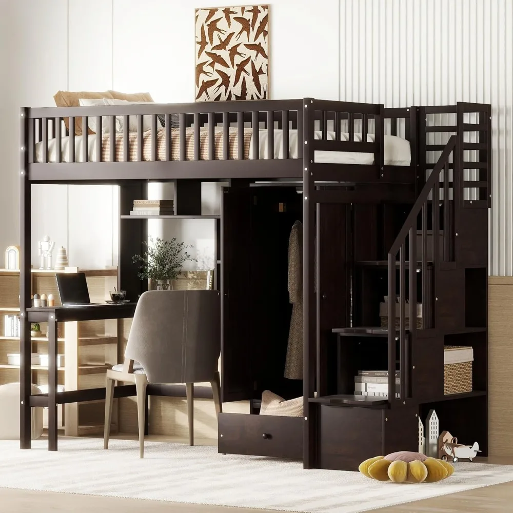 Designs Twin Loft Bed with Stairs, Wardrobe, Desk, Bookshelf and Drawers, Solid Wood Loft Bed Frame with Storage - Espresso