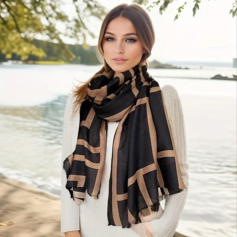 2025 New Color Block Striped Scarf Thin Breathable Linen Shawl Elegant Style Windproof Sunscreen Wrap For Women