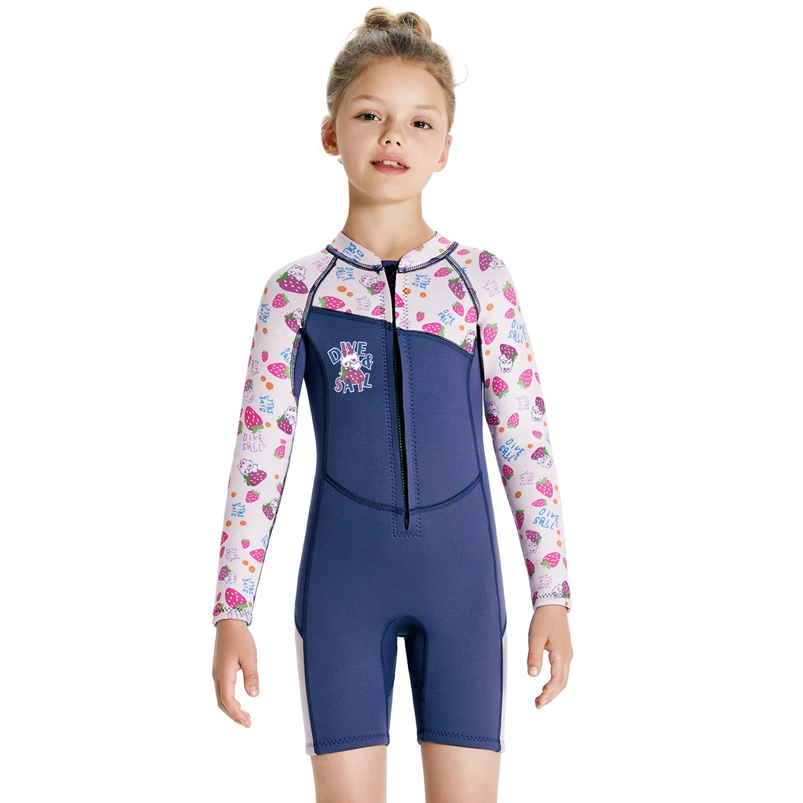 Long Sleeve Girls Wetsuits Print Anti-UV Thick 2.5MM Neoprene Surfing Snorkeling Swimsuit One-Piece Children's Warm Diving Suit