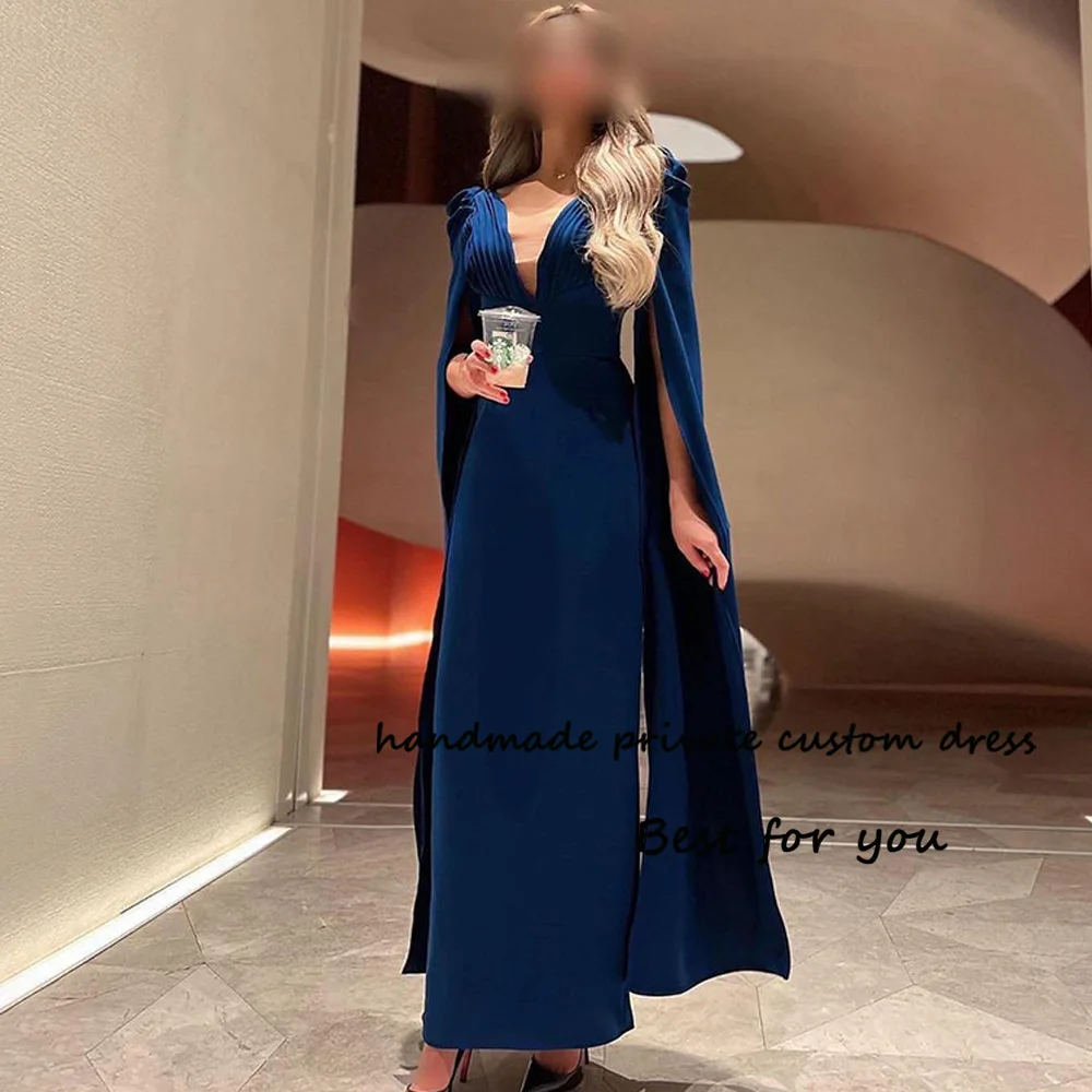 

Navy Blue Satin Mermaid Evening Dresses with Cape V Neck Elegant Dubai Arabia Prom Dress Floor Length Formal Gown