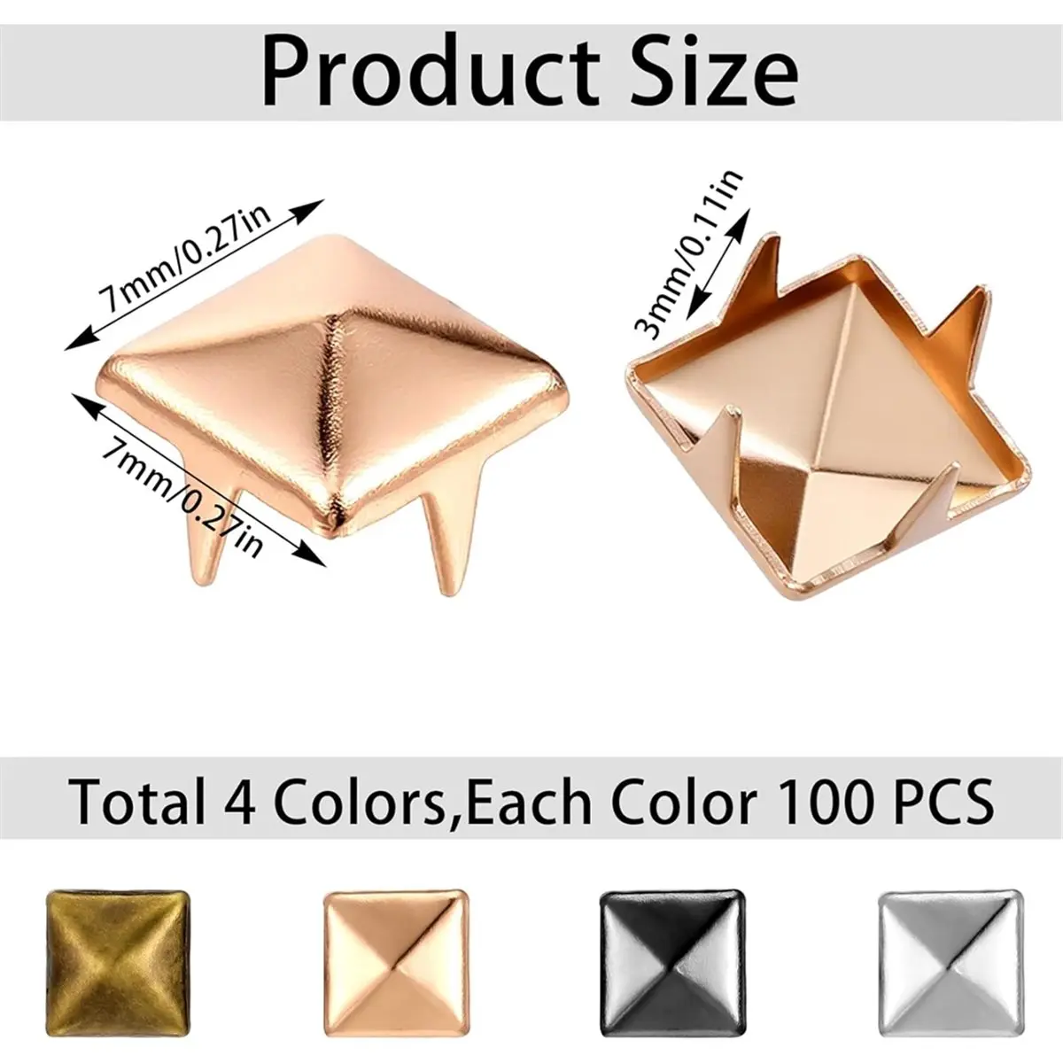 Y17A 400Pcs 7mm Silver Pyramid Studs for Clothing,4 Colors Metal Studs and Spikes 4 Prong Metal Nailhead Stud for Crafts Bags