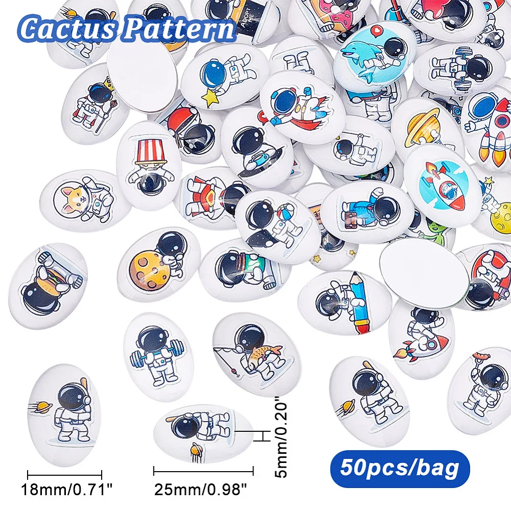 50pcs Oval Glass Cabochons for Jewelry Making 18x25mm Space Theme Mosaic Tile Astronaut Rocket Cabochon Dome for Photo Pendant