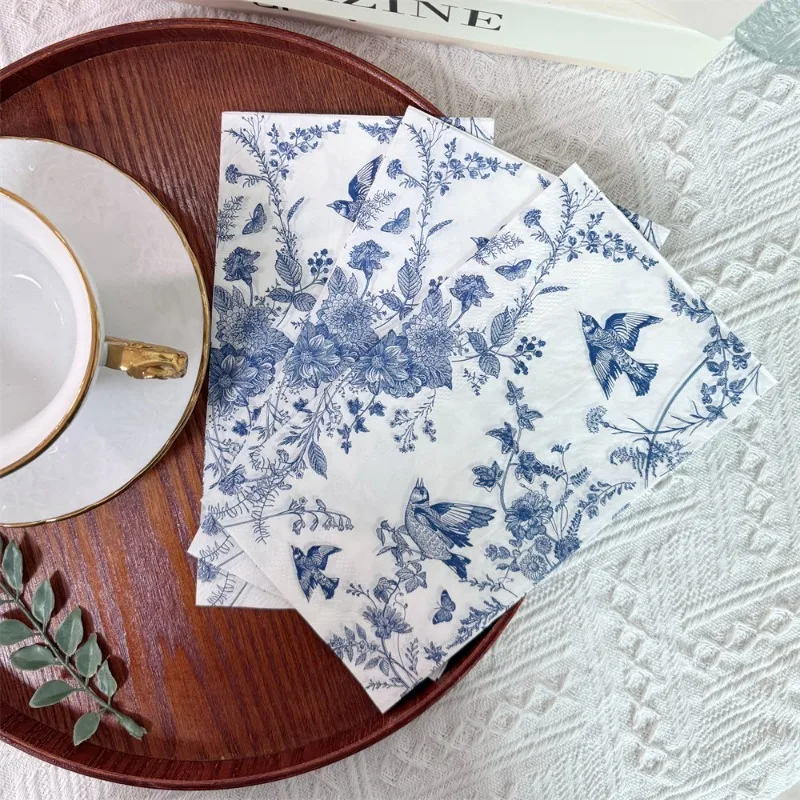10/20 Sheets 33*40cm 2Ply Chinese Blue Flower and Bird Rectangular Napkins Wine Glass Party Atmosphere Decor DIY Decoupage Paper