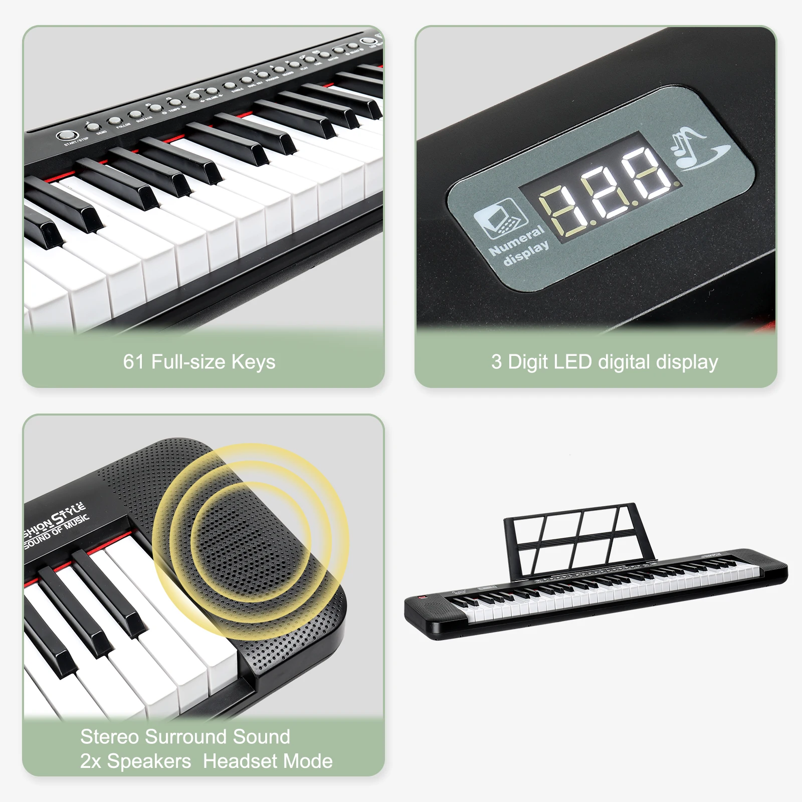 Gcindy GEP-109-teclado con iluminación de 61 teclas, dispositivo con soporte para Piano, micrófono, pantalla LED, 3 modos de enseñanza para principiantes