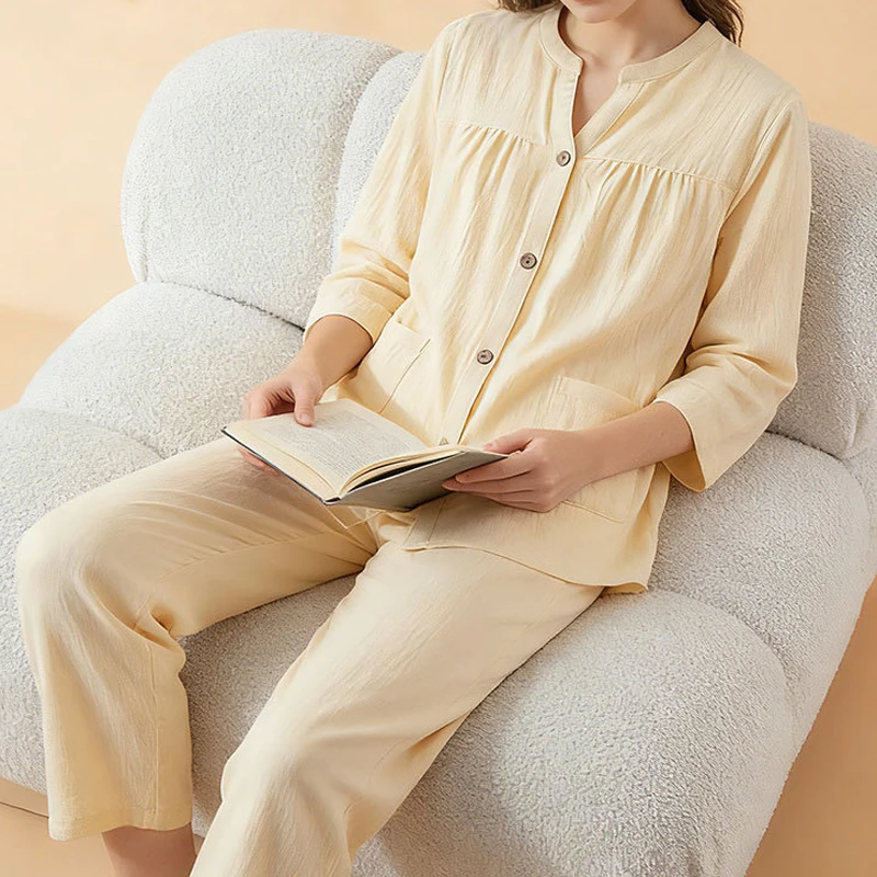 

2026 Spring New Women's 100% Cotton Pajama Set V-neck Band Collar Loose Long Sleeve Cardigan And Pants Home Loungewear Suit