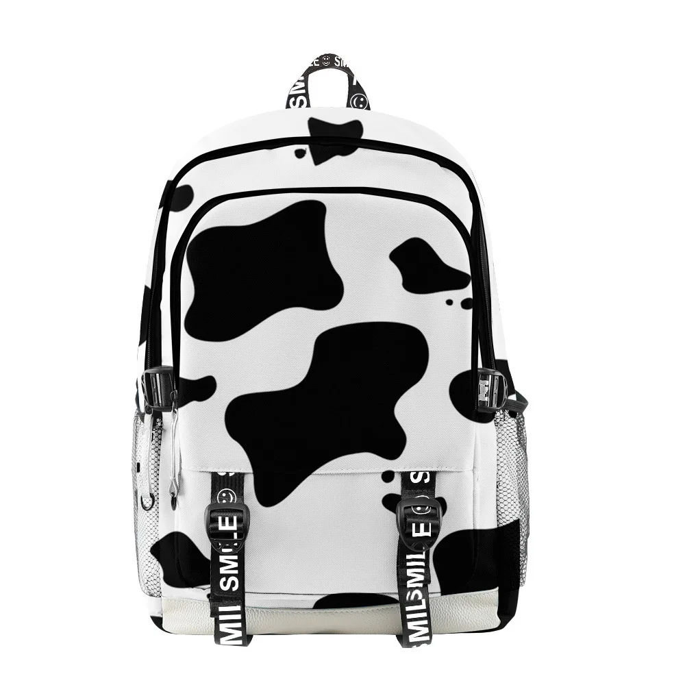 Anime Backpack Elementary Bookbag Travel Backpack Cartoon Black White Cow Pattern School Student School Bag Mochila Infantil Bag