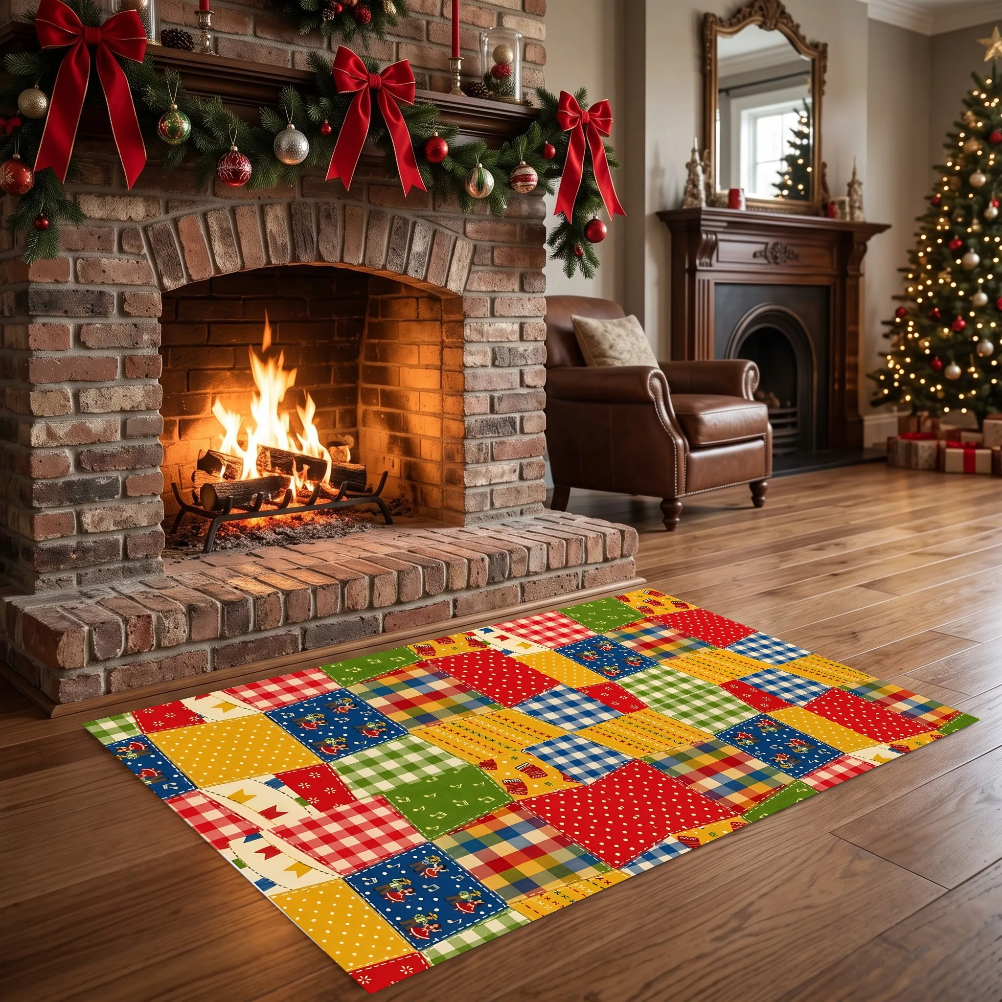 Patchwork Checkered Polka Dot Childlike Cute Retro Christmas Velvet Rug for Living Room, Bedroom and Bedside, Warm for Winter