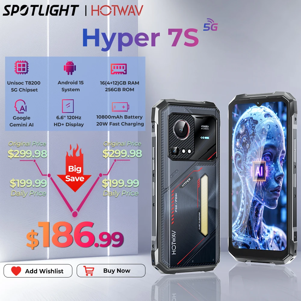 HOTWAV Hyper 7S Rugged Phone 5G Octa-core Android 15 Smartphone 6.6'' HD+ 120Hz 10800mAh 20W Mobile Phone 4GB 256GB Cellphone