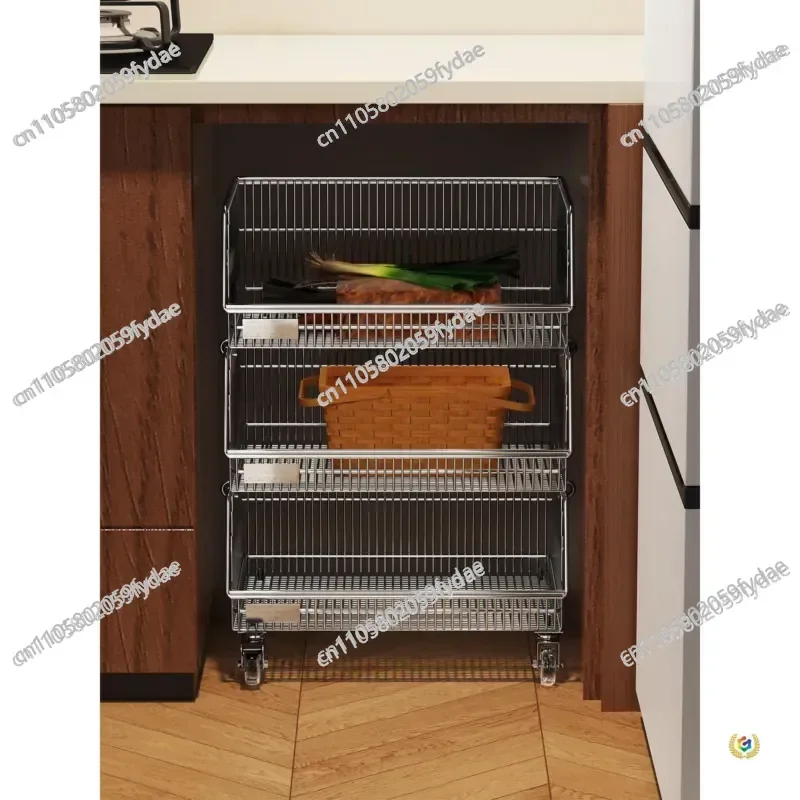 304 Stainless Steel Kitchen Trolley Cabinet Built-in Fruit and Vegetable Basket Shelf Floor-to-ceiling Movable Under-counter