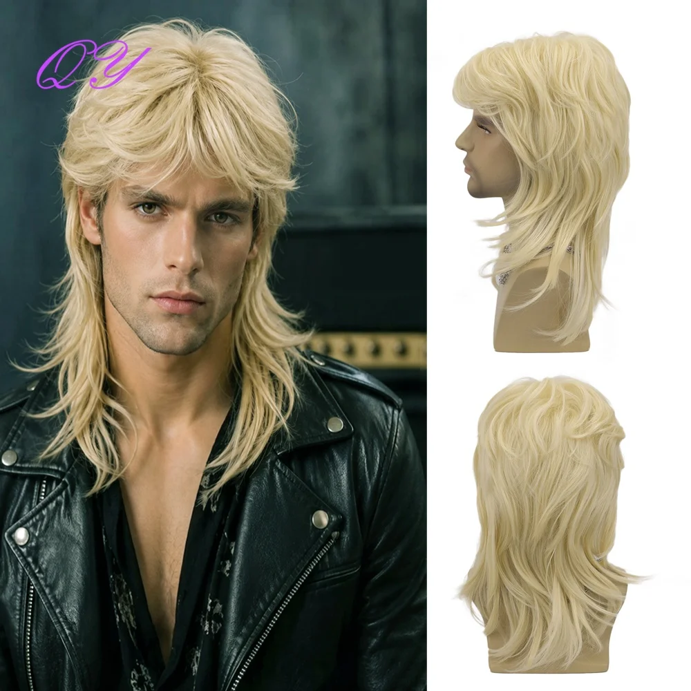 Halloween Men Blonde Mullet Wig 80s Rocker Synthetic Heat Resistant Layered Wolf Tail Wig for Cosplay Music Festival